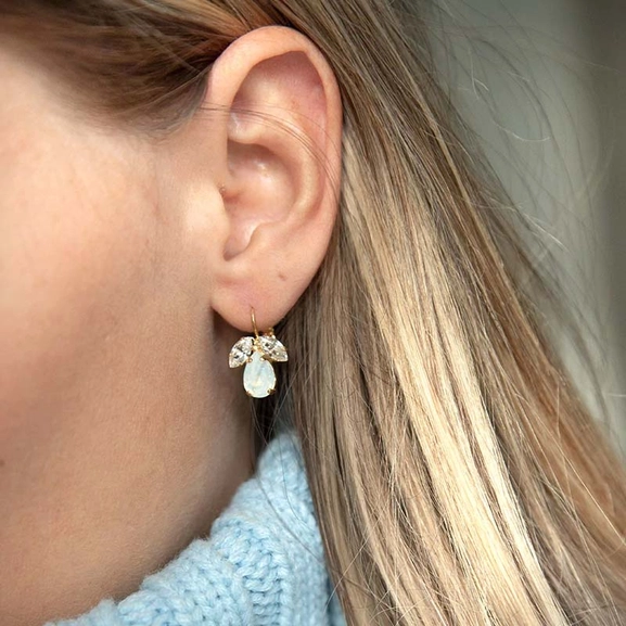 Petite Timo Clasp Earrings Gold White Opal + Crystal