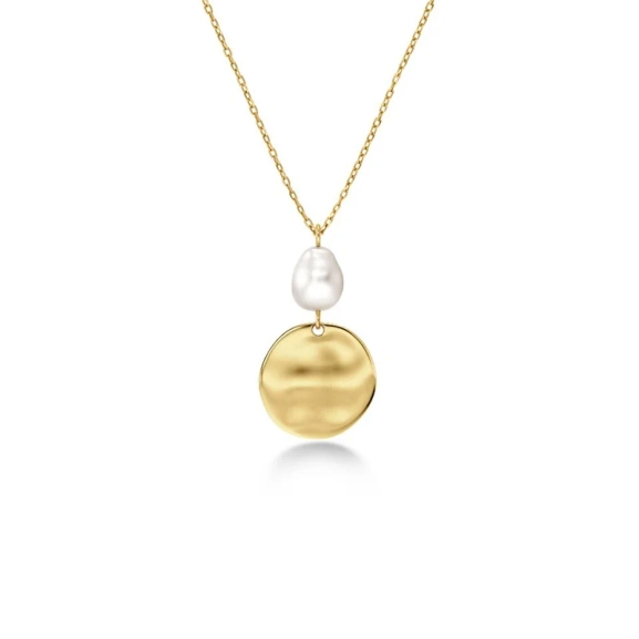 Elegant halsband i 14K guldplätering med pärlemorpärla och oregelbundet hänge på en justerbar ankarkedja