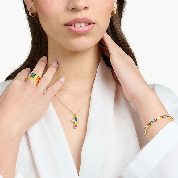 Kette Kreuz Bunte Steine Gold von Thomas Sabo, Schneller Versand - Nordicspectra.de