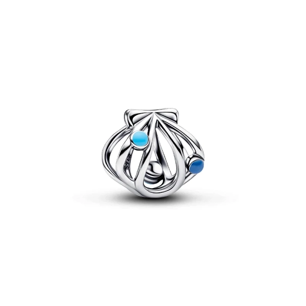 Muschelanhänger aus Sterlingsilber von Pandora mit blauen Emaille-Tropfen
