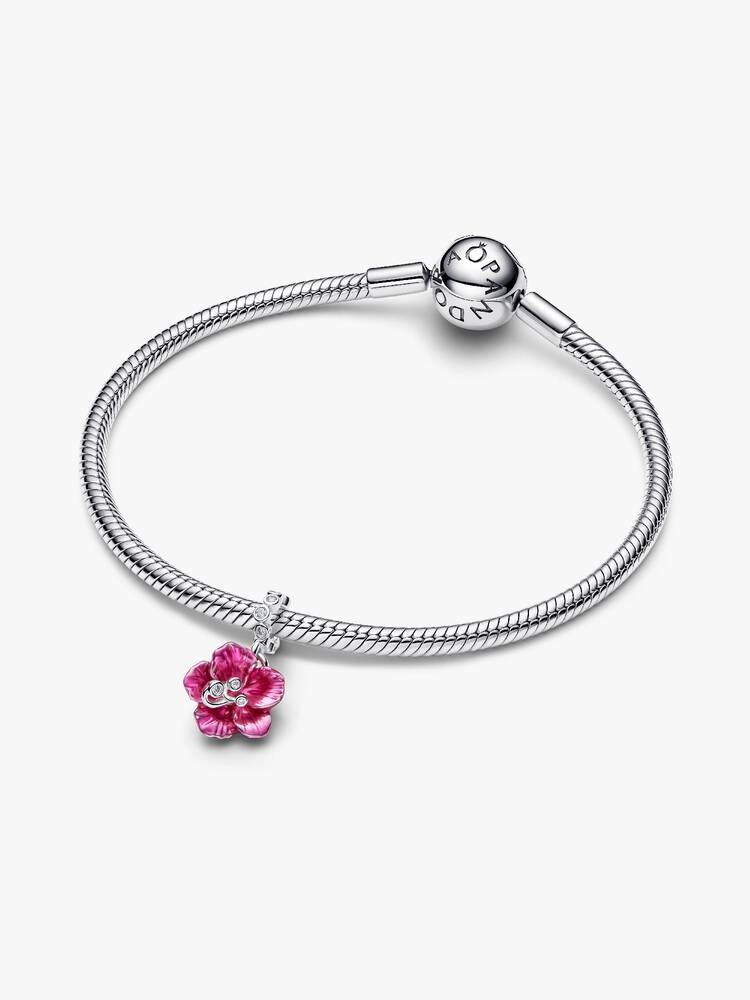Pandora Hibiscus Hängberlock i silver med rosa emalj och glittrande stenar