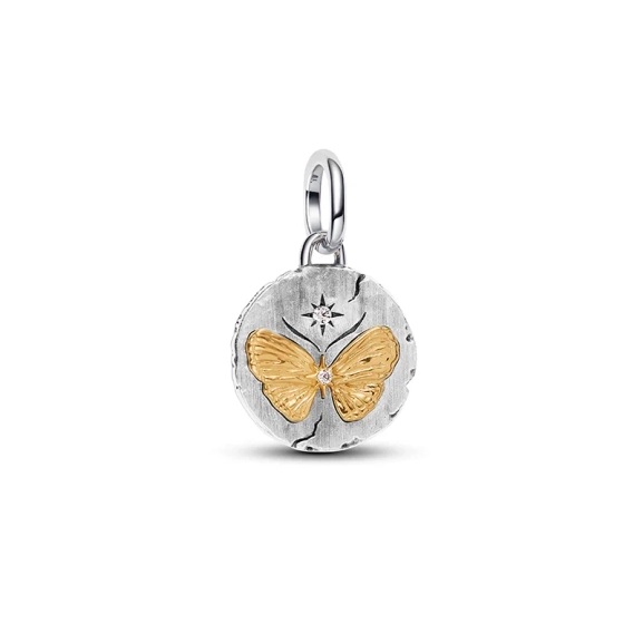 Pandoras Schmetterlingsmedaillon aus verschiedenen Metallen mit Zirkonia und lateinischer Inschrift