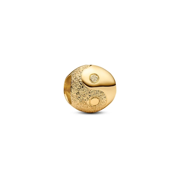 Mini Yin & Yang Sparkling Charm Gold von Pandora Moments. Hergestellt aus 14 Karat Gold mit schimmernden Diamanten und polierten Punkten. Symbol der Harmonie und Einheit.