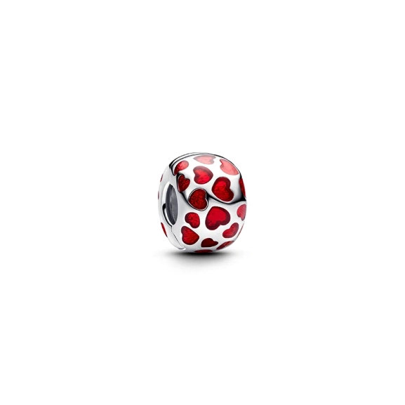 Runder Clip-Charm der Pandora mit Herzen aus roter Emaille. Perfektes Geschenk zum Valentinstag. Abmessungen: 6x8