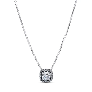 Funkelnde Square Halo-Halskette aus der Pandora Timeless-Kollektion mit Zirkonia-Steinen und aus Silber.