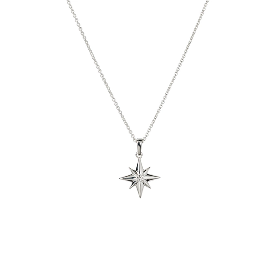 North Star Big Necklace Silver med bergskristall och stjärndekoration på återvunnet sterlingsilverkedja