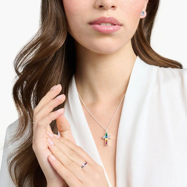Kette Kreuz Bunte Steine Silber von Thomas Sabo, Schneller Versand - Nordicspectra.de