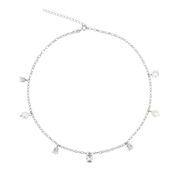 Lumina Necklace Rhodium Pearl/Crystal med Swarovski-kristaller och pärlor