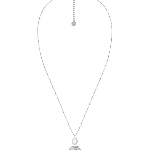 Elegant halsband i rostfritt stål med pärlemorpärla och oregelbundet hänge på facetterad ankarkedja