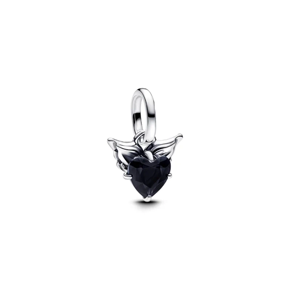 Winged Heart Mini-Anhängeranhänger aus echtem Silber mit schwarzem Kristall in Form eines Herzens und Flügels. Symbol für Individualität und Selbstdarstellung. Perfekt