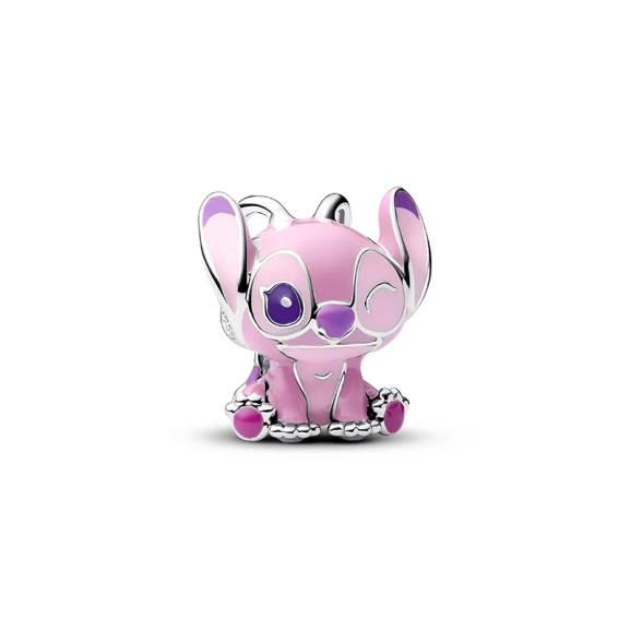 Disney Lilo & Stitch änglaberlock från Pandora i glänsande sterlingsilver med lila och rosa emalj. En lekfullt elegant tillskott till din smyckessamling
