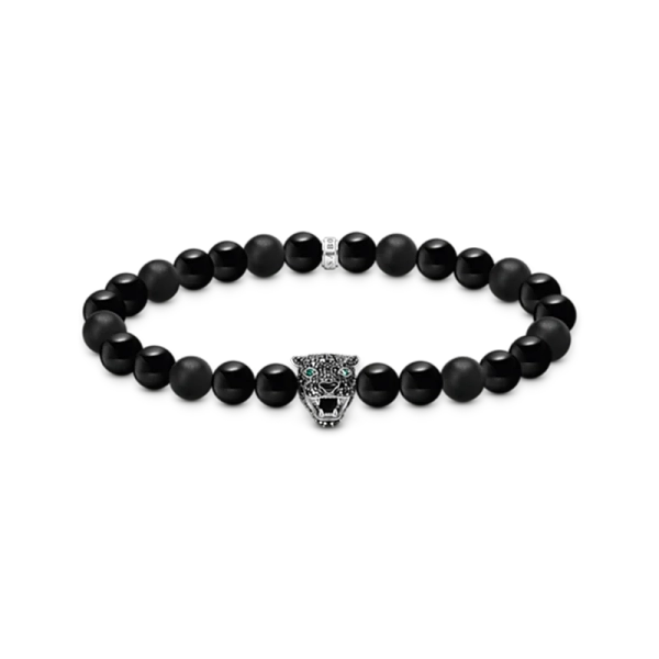 Svart Jaguar Armband med obsidianpärlor och en svart kattpärla