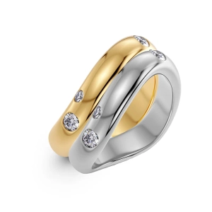 Två Selena-ringar i stål och guld med cubic zirconia