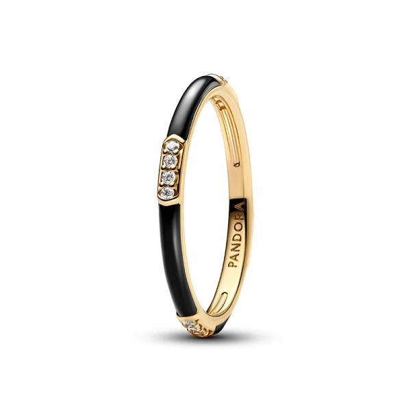 Goldring mit Zirkonia-Steinen und schwarzer Emaille
