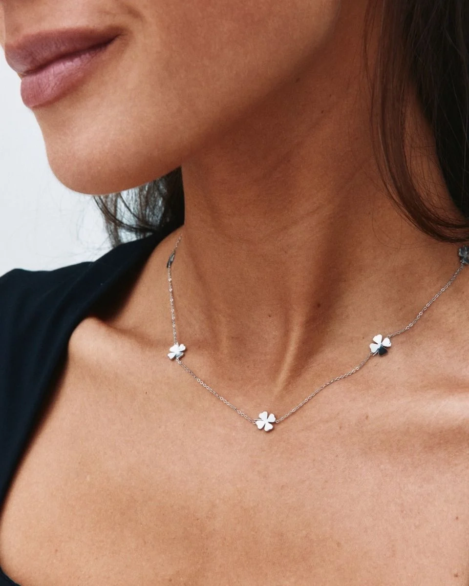 Halsband i blankt rostfritt stål med fem stiliserade fyrklöver på kedjan