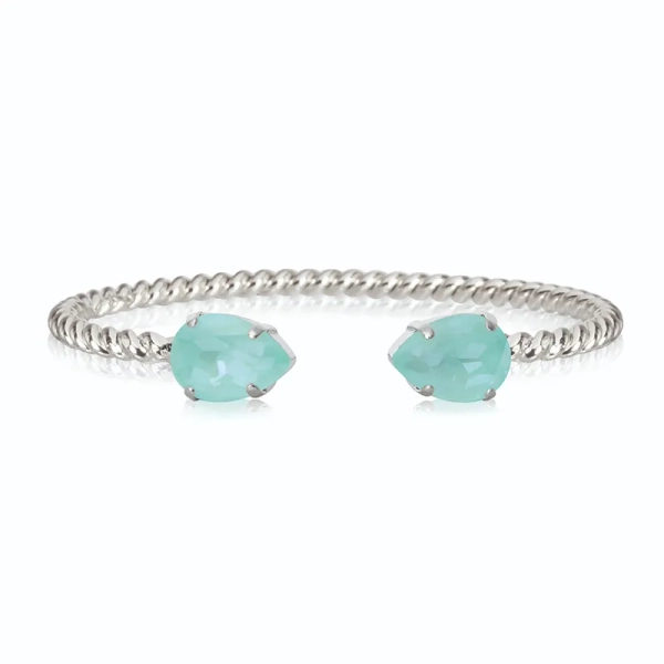 Mini Drop Bracelet i rhodiumpläterad mässing med två mintfärgade droppformade kristaller