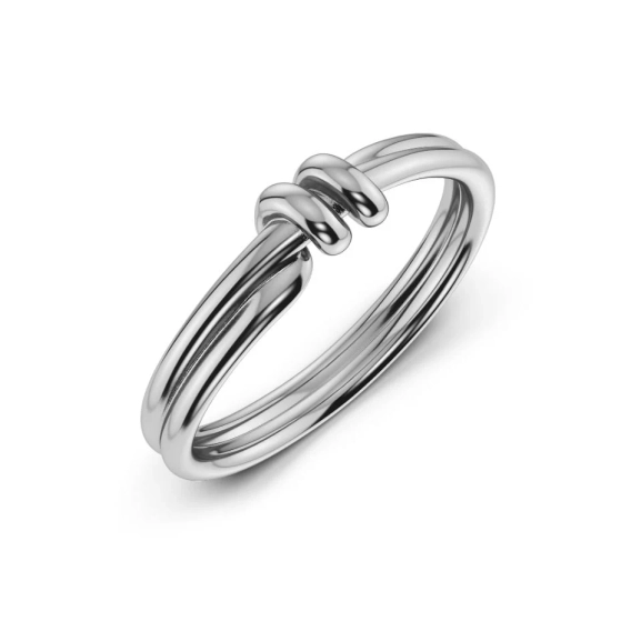 Ring i polerat rostfritt stål med spiralform och oval pärlemorpärla i centrum