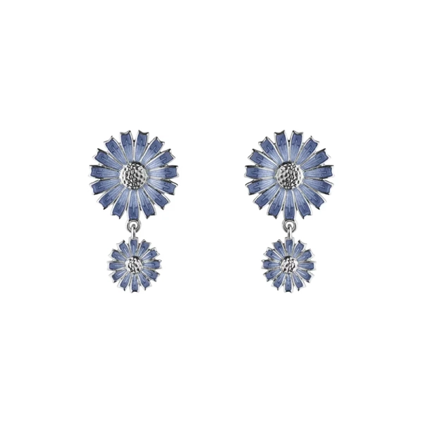 Daisy Blå Dubbla Örhängen i silver med handmålade blå emaljtusenskönor