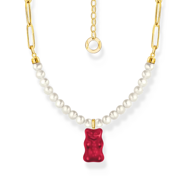 Gliederkette mit rotem Goldbären-Anhänger und Perlen vergoldet - Thomas Sabo - Nordic Spectra