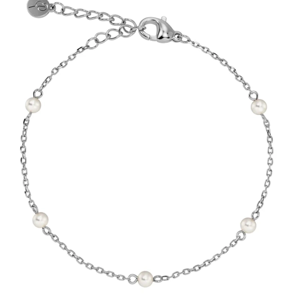 Armband i polerat rostfritt stål med små metallpärlor och pärlemorpärla