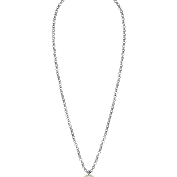 Långt halsband i rostfritt stål med en stor pärlemorpärla som charm