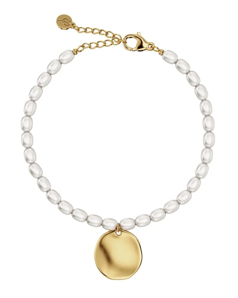 Elegant armband i 14K guldplätering med pärlemorpärlor och oregelbundet hänge