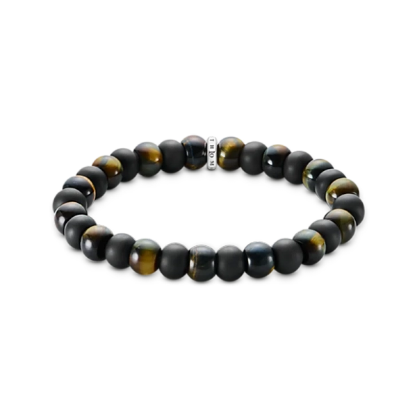 Kularmband Obsidian & Tigeröga med svarta och blåguldfärgade pärlor