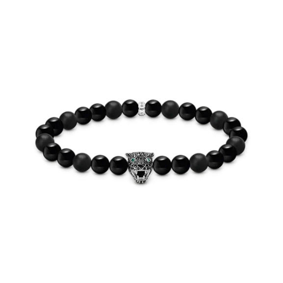 Svart Jaguar Armband med obsidianpärlor och en svart kattpärla