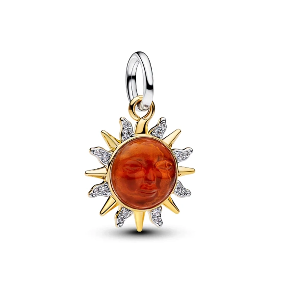 Zweifarbiger Hängeanhänger „Spinning Sun“ von Pandora mit gebranntem orangefarbenem Muranoglas