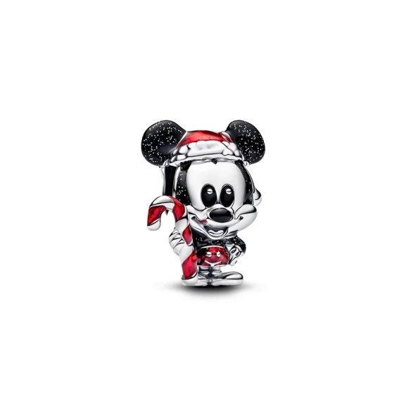 Disney Mickey Mouse Weihnachtsanhänger aus Sterlingsilber mit leuchtenden Emaille-Details und Weihnachtsmannmütze