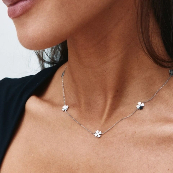 Halsband i blankt rostfritt stål med fem stiliserade fyrklöver på kedjan