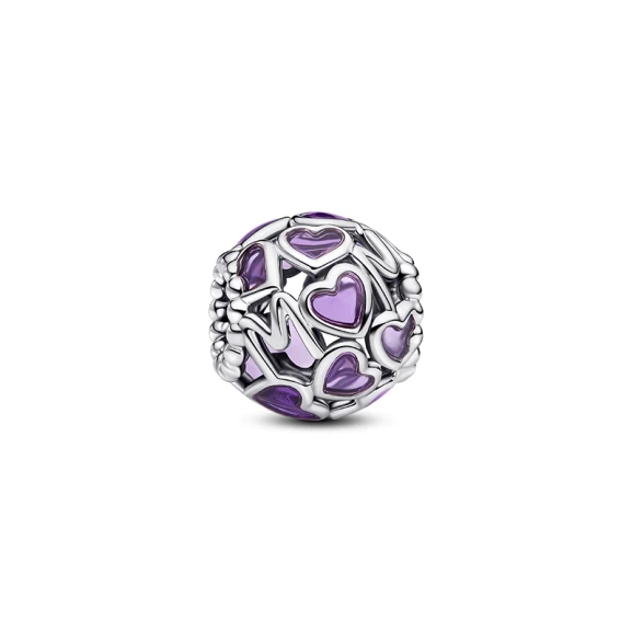 Offener Charm „Mutter lila Herzen“. Klare lavendelfarbene Emaille-Herzen mit Rändern aus Sterlingsilber