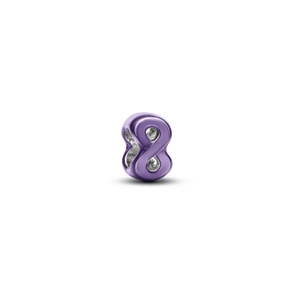 Mini-Charm „Purple Eternity“ von Pandora aus Sterlingsilber mit schimmerndem lila Emaille und eleganten Details.