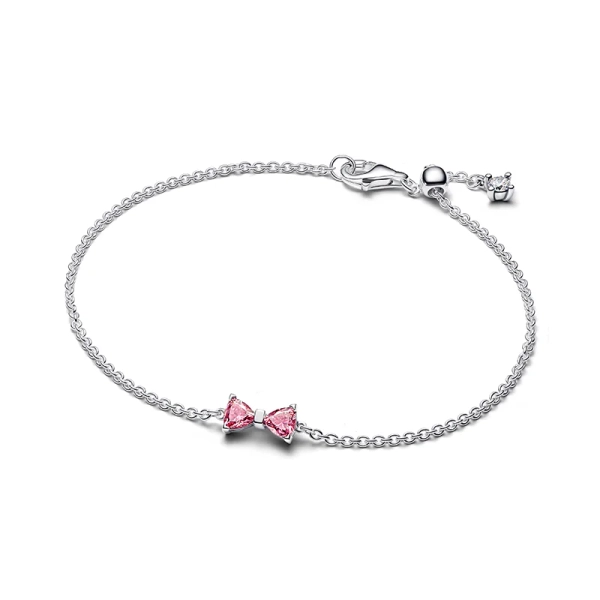 Das Pink Rosette-Armband von Pandora Timeless aus glänzendem Sterlingsilber mit rosa und klaren Kristallen für einen eleganten und glamourösen Stil.
