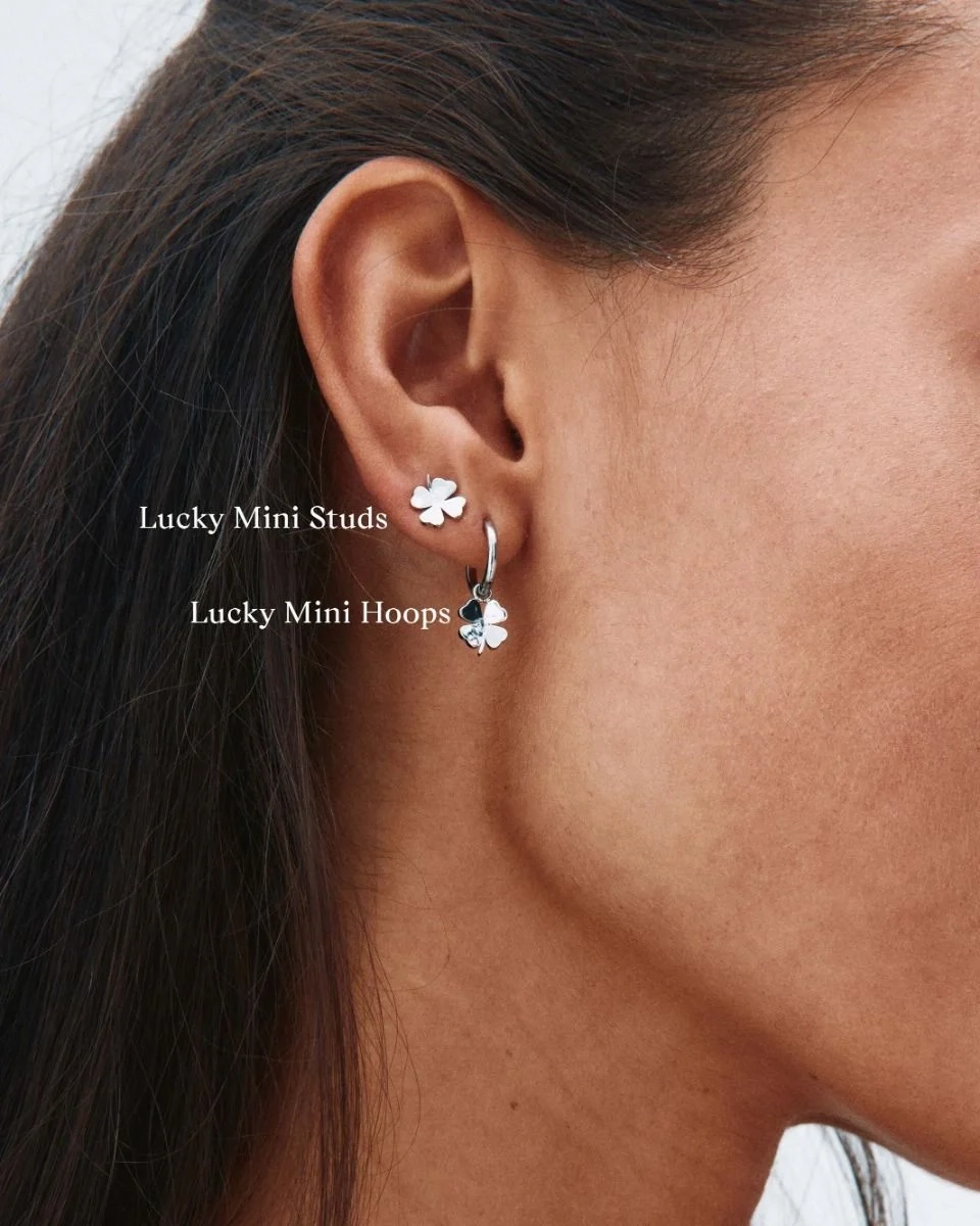 Örhängen i polerat rostfritt stål med stilren ring och avtagbart hänge format som en fyrklöver.