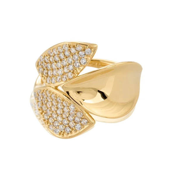 Autumn Leaves Sparkling Big Ring Guld statementring med två blad och gnistrande cubic zirconia i 24K guldpläterat silver