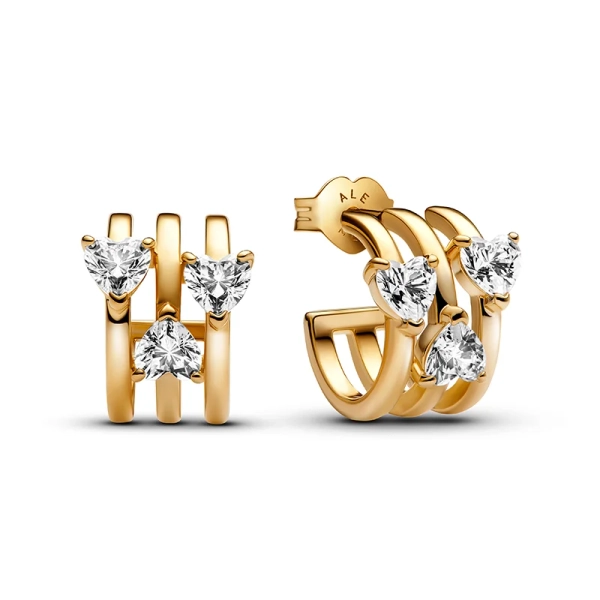 Vergoldete Creolen mit herzförmigen Zirkonia-Steinen. Pandora Timeless-Kollektion. Artikelnummer: 263656C01. Perfekt