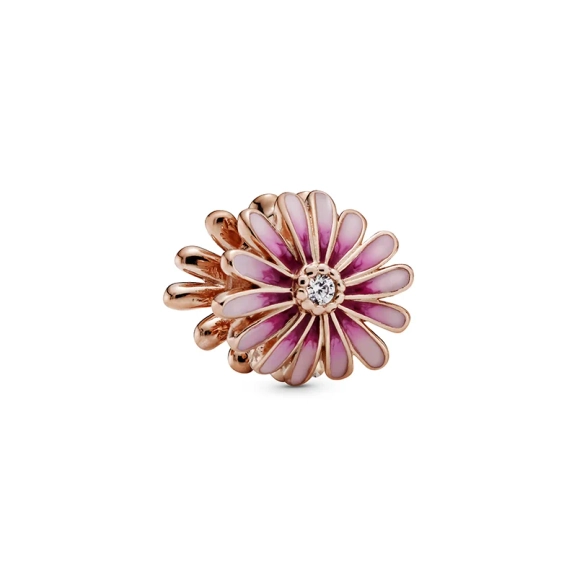 Pandoras rosa Gänseblümchen-Charm Rosé mit handapplizierter rosa Emaille und funkelnden Zirkonia-Steinen. Symbolisiert Stärke und Freiheit.