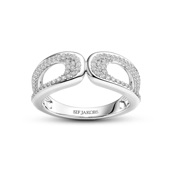 Borsa Due Piccolo Ring aus glänzendem Silber mit verschlungener Form und eingefassten klaren Zirkonia-Steinen.