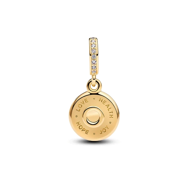 vergoldet mit 14 Karat Gold. Festlicher Geburtstagskuchen mit funkelnden Steinen und der Botschaft „Happy Bday“. Auf der Rückseite befinden sich die Kuchenplatte
