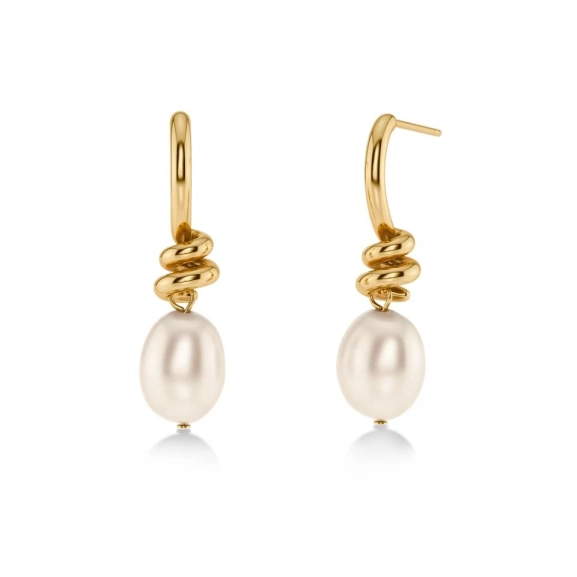 Guldpläterade örhängen i spiralform med ovala pärlemorpärlor från Edblad