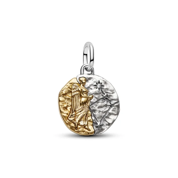 Jungfrau-Medaillon-Charm von Pandora ME aus vergoldetem Silber mit einem Relief einer Jungfrau und dem Symbol des Tierkreiszeichens.