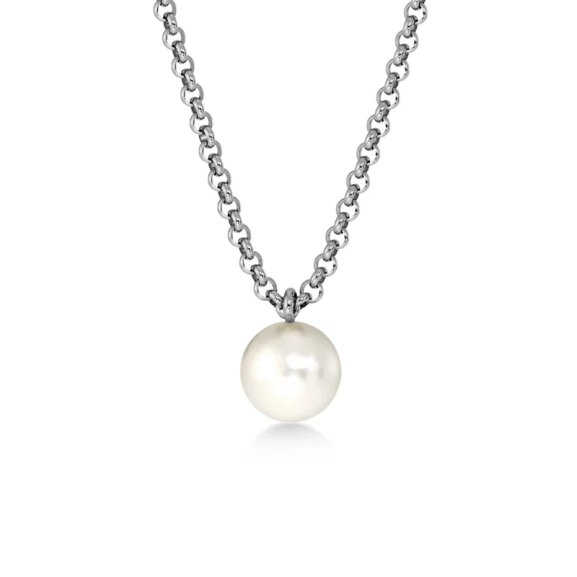 Långt halsband i rostfritt stål med en stor pärlemorpärla som charm