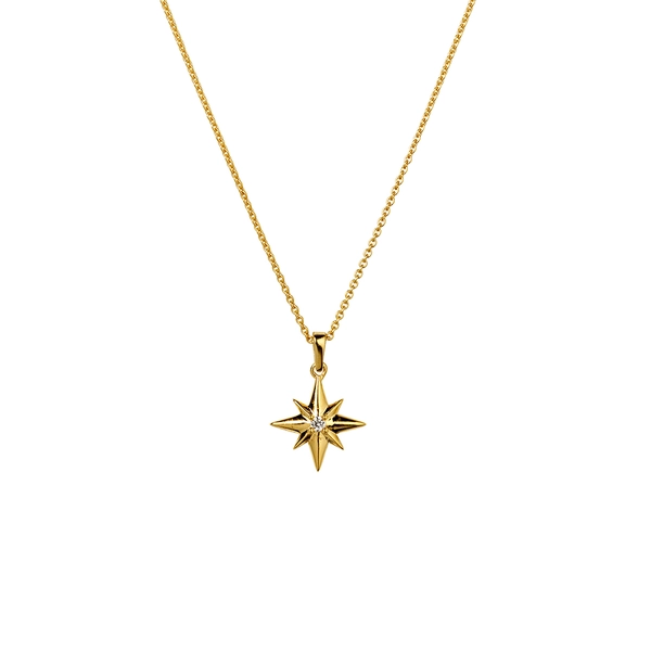 North Star Big Necklace Gold med bergskristall och stjärndekoration på en 18K guldpläterad silverkedja