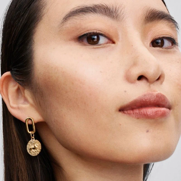 Medaljong Lejon Berlock Guld från Pandora ME med lejonmotiv och latinsk inskription "VITA VERITAS VIRTUS". En symbol för styrka och karaktär.