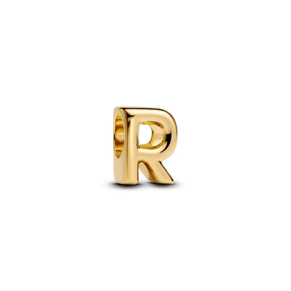 Eleganter Buchstabenschmuck aus 14 Karat vergoldetem Metall von Pandora. Abgerundetes Design für ein exklusives und stilvolles Gefühl. Verleihen Sie Ihrem Schmuckstück eine persönliche Note und zeigen Sie Ihre einzigartige Persönlichkeit mit dem goldenen Buchstaben-R-Charm.