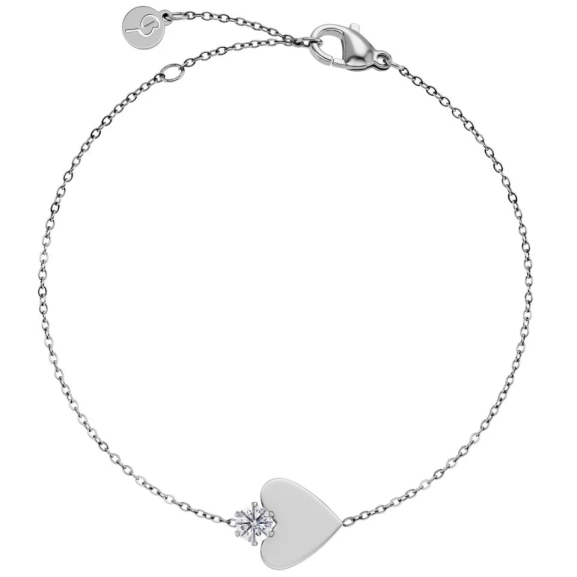 Armband i blankt rostfritt stål med stiliserat hjärta och gnistrande sten på fasettslipad ankarkedja.
