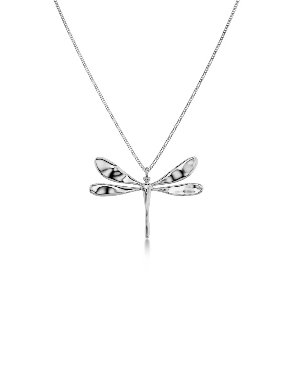 Långt halsband i polerat stål med stort trollslände-hänge från Edblad Dragonfly-serien