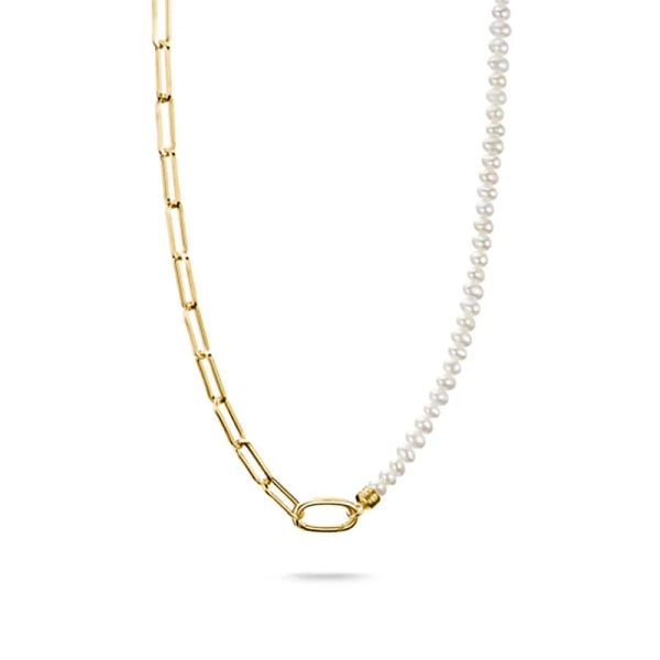 Charm Club Connect Paperclip & Pärlor Halsband Guld i 18K guldpläterat silver och sötvattenpärlor