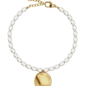 Elegant armband i 14K guldplätering med pärlemorpärlor och oregelbundet hänge